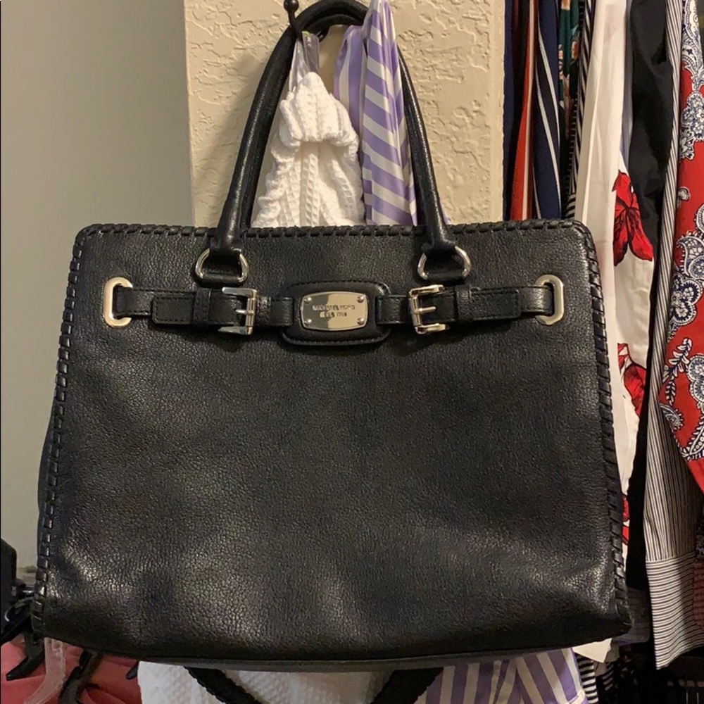 Black Leather Whipstitched Michael Kors Hamilton